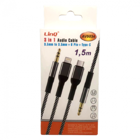 Câble Audio 3 en 1 Jack 3.5mm / Lightning Mâle / USB-C / Jack 3.5mm Nylon Tressé 1.5m LinQ AV9034 — LinQ · Smarty Paris 18e